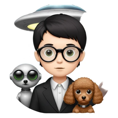 A little boy with straight black medium-length hair, white skin, and black eyes wearing black-framed glasses is taking photos on a UFO with a camera. Beside him, there is an alien and a brown round-headed poodle. sticker