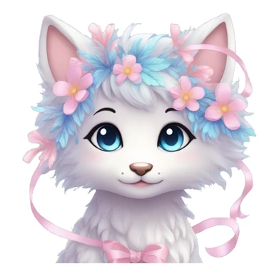 Anthro Cute Cool Blushing Pastel Innocent Shy Kawaii gorgeous sparkly ethereal fantasy anime animal creature with blue eyes furry sona with flowers and ribbons beautiful aesthetic sticker