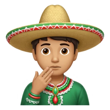 person deep in thought, wearing a traditional Mexican sombrero. The character has a neutral or slightly furrowed expression, one hand gently touching their chin in a classic thinking pose.  sticker