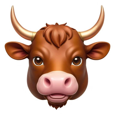 Cinematic Cute Domestic Bull Portrait Emoji, Head tilted playfully and inquisitively, with a sturdy, compact build and a smooth, polished coat of rich copper and brown hues accentuated by gently curved horns, round, sparkling eyes full of curious determination, Simplified yet irresistibly adorable features, highly detailed, glowing with a warm, friendly glow, high shine, affectionate and spirited, stylized with a touch of rustic charm, soft glowing outline, capturing the essence of a mischievous yet loving domestic bull that feels like it could trot out of the screen and into your arms! sticker