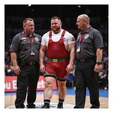 European powerlifter in competition, helped to walk by two officials after injury, expression of pain and disappointment, competition clothing, solidarity atmosphere, realistic details, competition area background. sticker