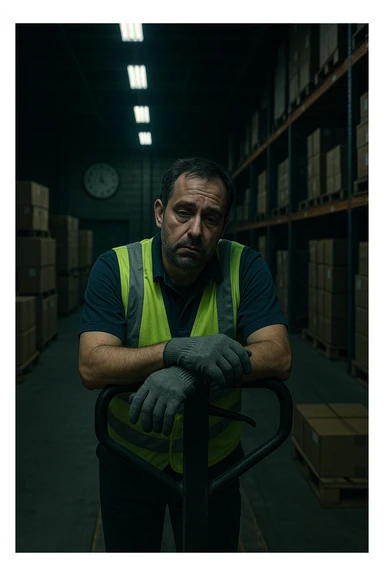 a tired warehouse worker in his 40s, wearing a reflective vest and work gloves, stands under harsh fluorescent lights in a large, dimly lit warehouse. He leans on a pallet jack, eyes heavy with fatigue and dark circles under them. Stacks of boxes and shelves loom in the background, and a wall clock shows it’s the middle of the night. The mood is somber and empathetic. sticker