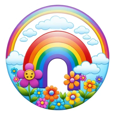 A round psychedelic colored button with a bezeled rainbow and colored hippie style flowers sticker