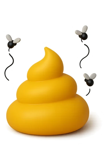 emoji stile iphone 3d di cacca gialla e liquida che emana fumi e cattivo odore, mosche gli girano intorno, iperrealistiche 4k sticker
