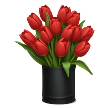 A bouquet of red tulips in a black package sticker