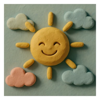 smiling sun with clouds, pastel colors, visible fingerprints, soft matte plasticine claymation style sticker