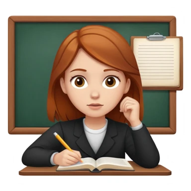 Make an emoji of a student thinking while studying. the student should be a white girl with brown hair with a slight tone of ginger.  sticker