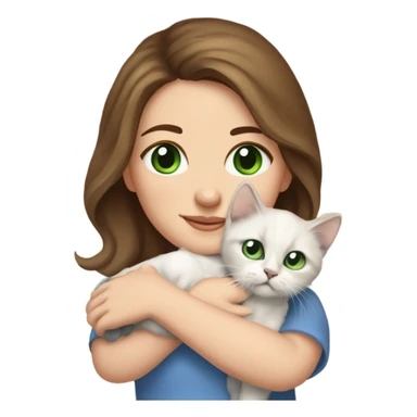 white woman with medium-length brown hair, green eyes and brown freckles on the face under the eyes, holding her sacre de birmanie kitten in her arms with much love, the baby cat has blue eyes, a lot of spots of dark on ears and middle of the face. sticker