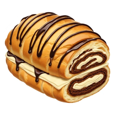  Chocolate-filled croissant roll, golden flaky pastry, chocolate drizzle on top, bite taken, white background, realistic food photo sticker
