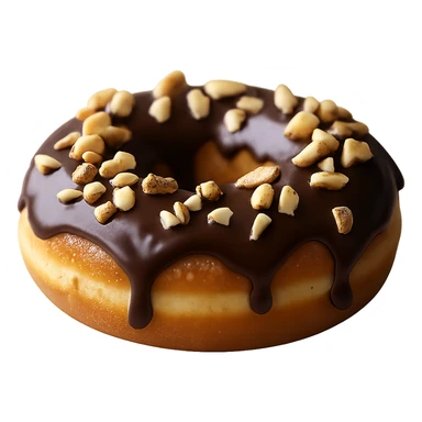 Isolate the realistic glazed donut with soft lighting, chocolate glaze with chopped nuts on a transparent background, removing all other background elements. sticker