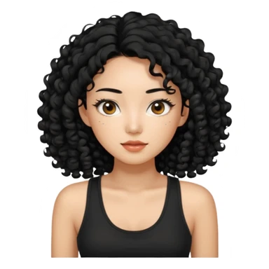 Korean woman with black cute long curly hair  with a black top tank with long lashes sticker
