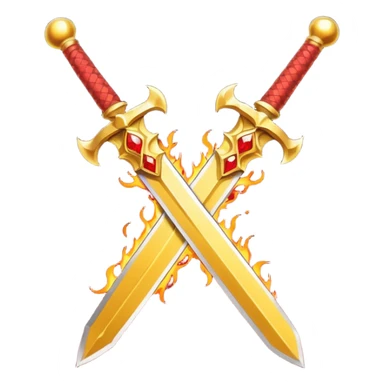 Two crossed swords that are golden in blade and handle and have fiery and royal appearence to them as well as red gem stones yellow in color sticker