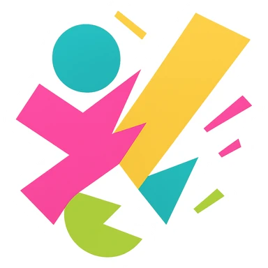 Increase abstraction and visual energy, using only dynamic, misaligned geometric elements and expressive color. Eliminate any literal or recognizable forms, focusing on movement and playful chaos. Keep it clean, bold, and suitable for an app icon and favicon. No background. sticker