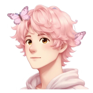 Gorgeous pastel anime style shojo man with blushing face and butterflies aesthetic and pretty hair trending style sticker