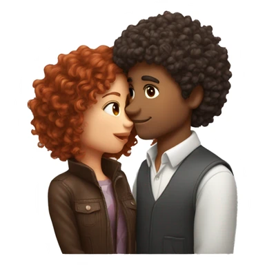 Curly hair guy kissing a reddish brown hair girl with a wolfcut sticker