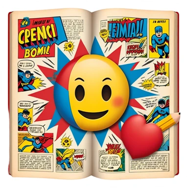 Create a vibrant emoji representing comic books and graphic novels as an art form. The design should feature a large, open comic book with vintage comic panels on the pages. Include a pencil (without a hand) gently writing text or sketching on the pages. The comic panels should have bold lines and retro-style artwork with classic comic book visuals. Use bright, energetic colors like red, yellow, and blue to evoke excitement and creativity. The overall design should feel dynamic, vintage, and artistic. Make the background transparent. sticker