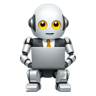 robot in a suit with head tilted using a laptop sticker