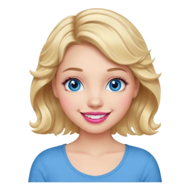 Girl Blonde short wavy hair,  blue eyes, cute blue top, long lashes, pink lips, 👄 big smile  sticker