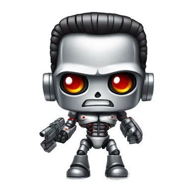 Emoji of a Terminator T-800, looking straight, cute 2d animation, red eyes, made of metal, white background,  sticker