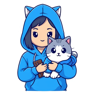 Girl with black hair wearing gray hoodie with a British shorthair blue and white cat and a long-haired blue and white cat sticker