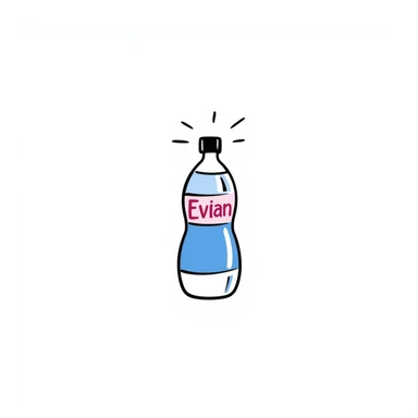 Evian water bottle, hand-drawn doodle style, playful, blue and pink label, white background sticker
