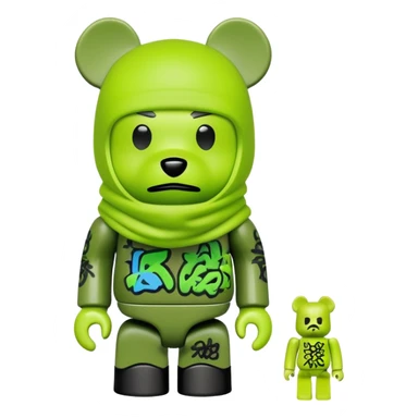 bearbrick toy wearing a lime green balaclava with graffiti style artwork sticker