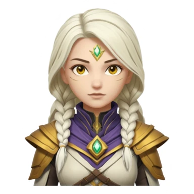 female novice warlock from Destiny 2, long white braided hair, gold yellow eyes, no helmet, wearing Destiny 2 warlock armor sticker