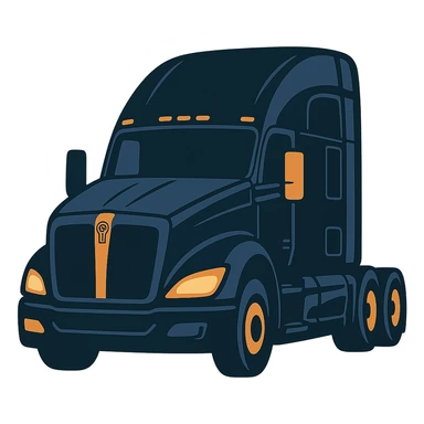 Edit the 2026 Black Kenworth T680 Sleeper semi truck to a more front-facing angle in a cartoon style with headlights on, no background. sticker