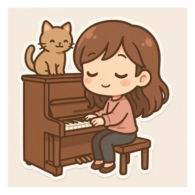 woman playing piano while her cat sits on top of the piano sticker