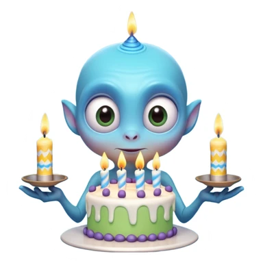 A cute friendly alien holding a birthday cake with candles, big expressive eyes, bright colors, cartoon style, playful atmosphere, 3D animated look, Pixar-inspired, highly detailed
 sticker