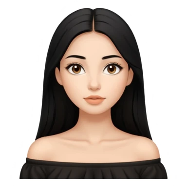 A realistic 3D avatar of a young woman with a soft oval face, slim cheeks, natural almond eyes, long straight black hair, minimal makeup, wearing a black off-shoulder top, elegant and aesthetic, tanned skintone. sticker