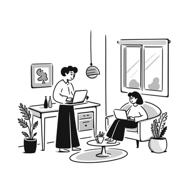 escenary 3d of a cozy mid-century living room with two people working on laptops, one man standing at a desk, and one woman sitting on a couch sticker