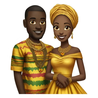Ghanaian bride and groom. Gold jewelry with kente off shoulder dress. Kente Cloth sticker