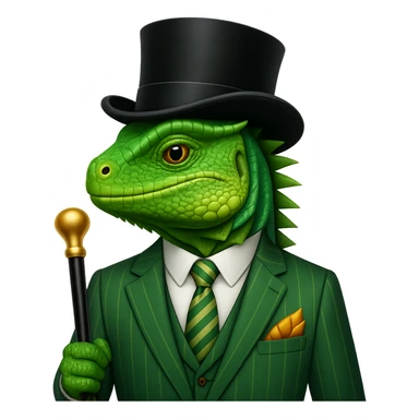 Add a top hat and cane to the iguana in a pinstripe suit in the style of apple emojis. Keep the apple emoji style consistent with the original image. sticker