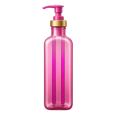 A tall, translucent bottle in a vibrant pink shade with a glossy finish. It has a rectangular shape with rounded edges and a thick base. The pump-style cap is metallic pink. In the center, there are curved graphic elements and vertical lines, with text in white and gold. sticker