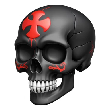 smooth black skull with rebellious graffiti and brand logos, slightly tilted angle sticker