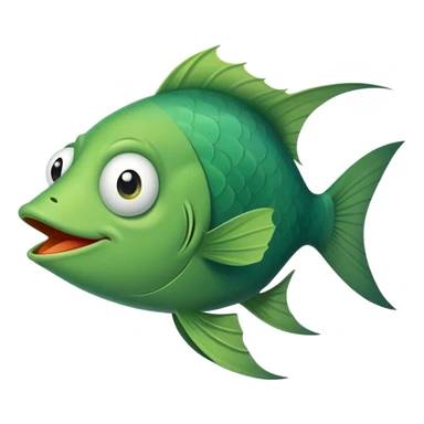 super derpy green fish with droopy eye and goofy overbite, perfect flat side profile facing right, exactly 90 degrees, completely 2D like a paper cutout, only one eye visible, absolute side view sticker