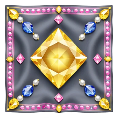 Gems, pearls, yellow diamonds, pink diamonds and sapphire gems on a dark grey silk scarf  sticker