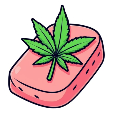 Pink wagyu steak with cannabis leaf decoration sticker