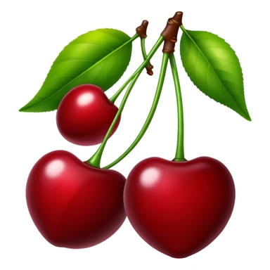 Pair of vibrant deep red cherries with green stem, fruit sticker