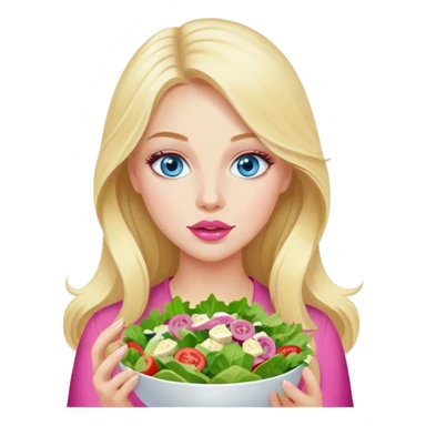 Cinematic realistic blonde with long hair, blue eyes and pink lips eats salad sticker