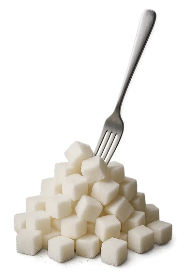 monagna di zollette di zucchero con una forchetta appizzata sopra, iperrealistico 4k sticker