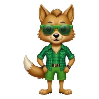 full-body friendly anthropomorphised wolf in green plaid shirt and green attire for St. Patrick's Day, wearing dark sunglasses, festive pose sticker