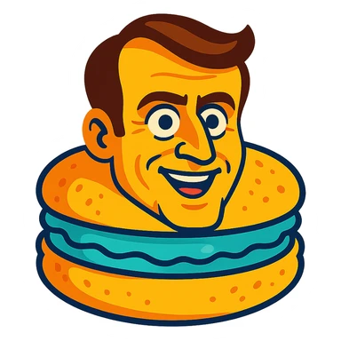 Emmanuel Macron transformed into a macaron with an expressive face, vibrant colors sticker