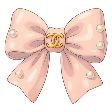 elegant bow with pearls and gold Chanel logo, glossy, pastel colors sticker