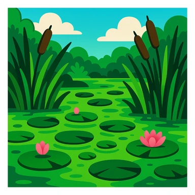 lush green swamp with lily pads and reeds, vibrant cartoon style sticker