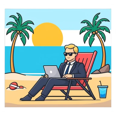 blonde man in business suit sitting on beach chair, vacation setting with palm trees sticker