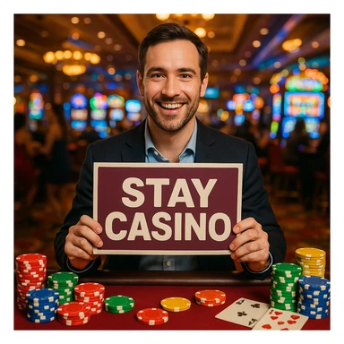A man in a casino, holding a 'Stay Casino' sign, colorful chips and cards around, lively environment. sticker