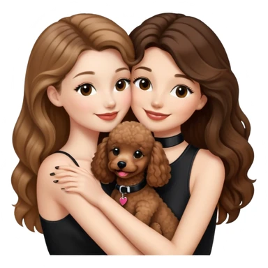 one girl with long balayage straight hair and long lashes, smiling, wearing black halterneck top, and holding and kissing a brown poodle sticker