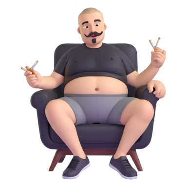 Big man relaxing in chair, legs spread wide, holding cigarette, round face, buzzcut, short beard and mustache, black t-shirt with light stripes at top, exposed belly, black shorts, arms covered in tattoos sticker